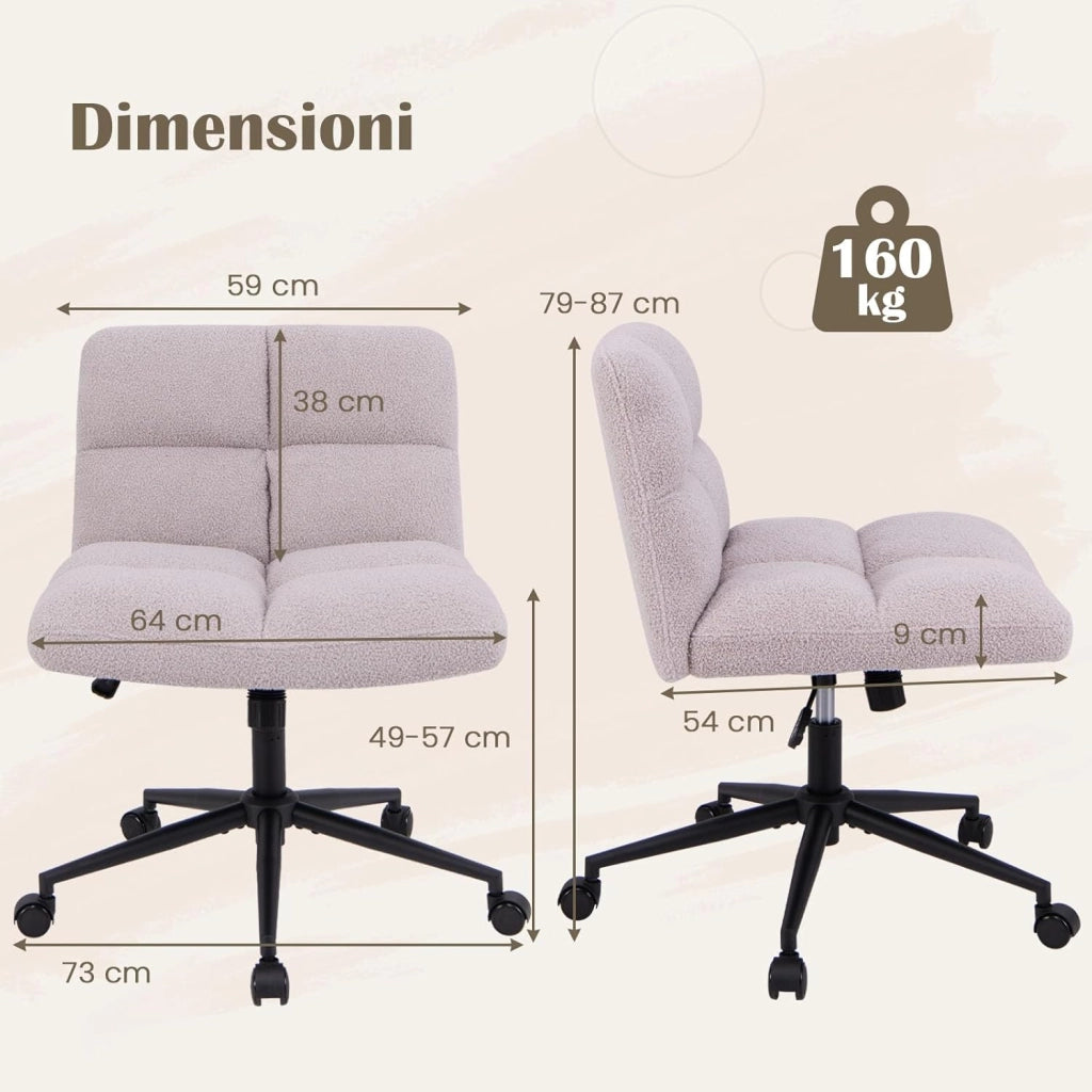 Sedia a Gambe Incrociate, Sedia da Ufficio con Ruote, con Seduta Riempita, Altezza Regolabile, Senza Braccioli, Portata 160 kg (Grigio)
