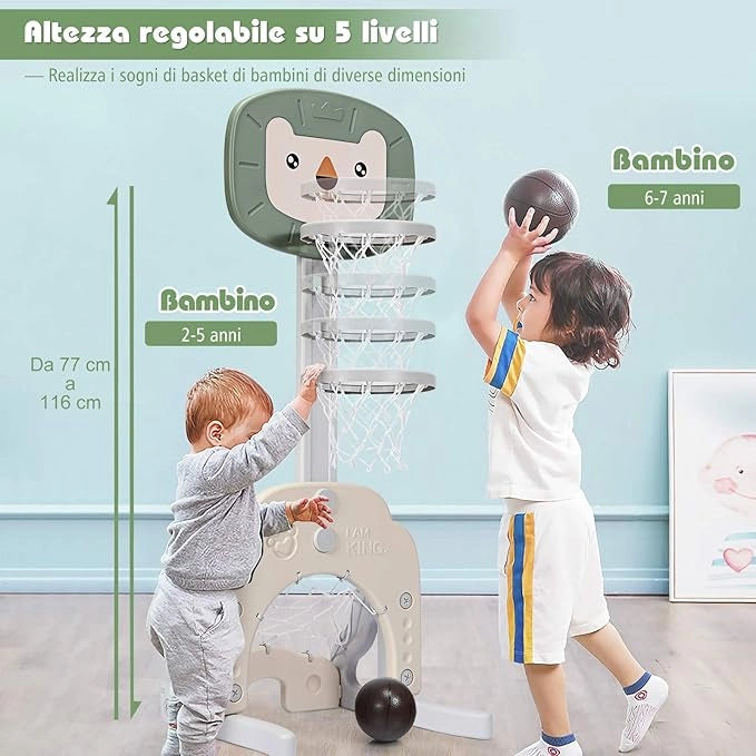 Basket per Bambini Centro attività Multifunzione - Palla Canestro, Calcio e Golf, Mazza da Golf e Palle incluese, per Bambini, Altezza Regolabile (Leone Verde)