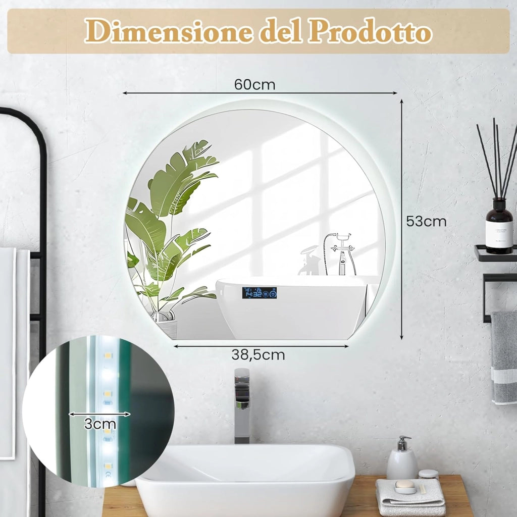 Specchio da Parete, Specchio IP44 da Bagno Arco Moderno 60 x 53 x 3 cm con Cornice in Alluminio, Luce Led Regolabile e Display per Sogiorno, Camera da Letto e Ingresso, Bianco