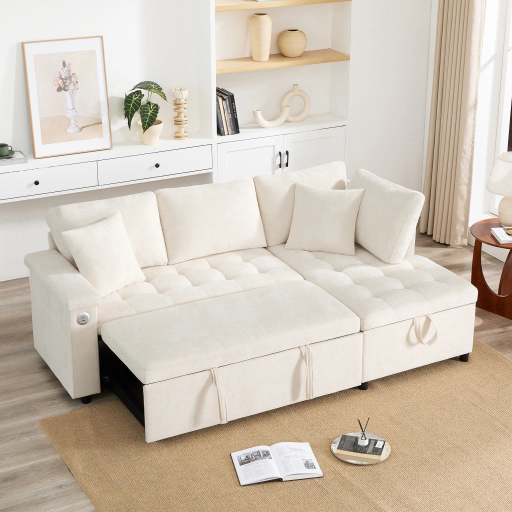 Divano Letto Angolare con Contenitore, USB e Cuscini ¨C MINIMAL ¨C Beige