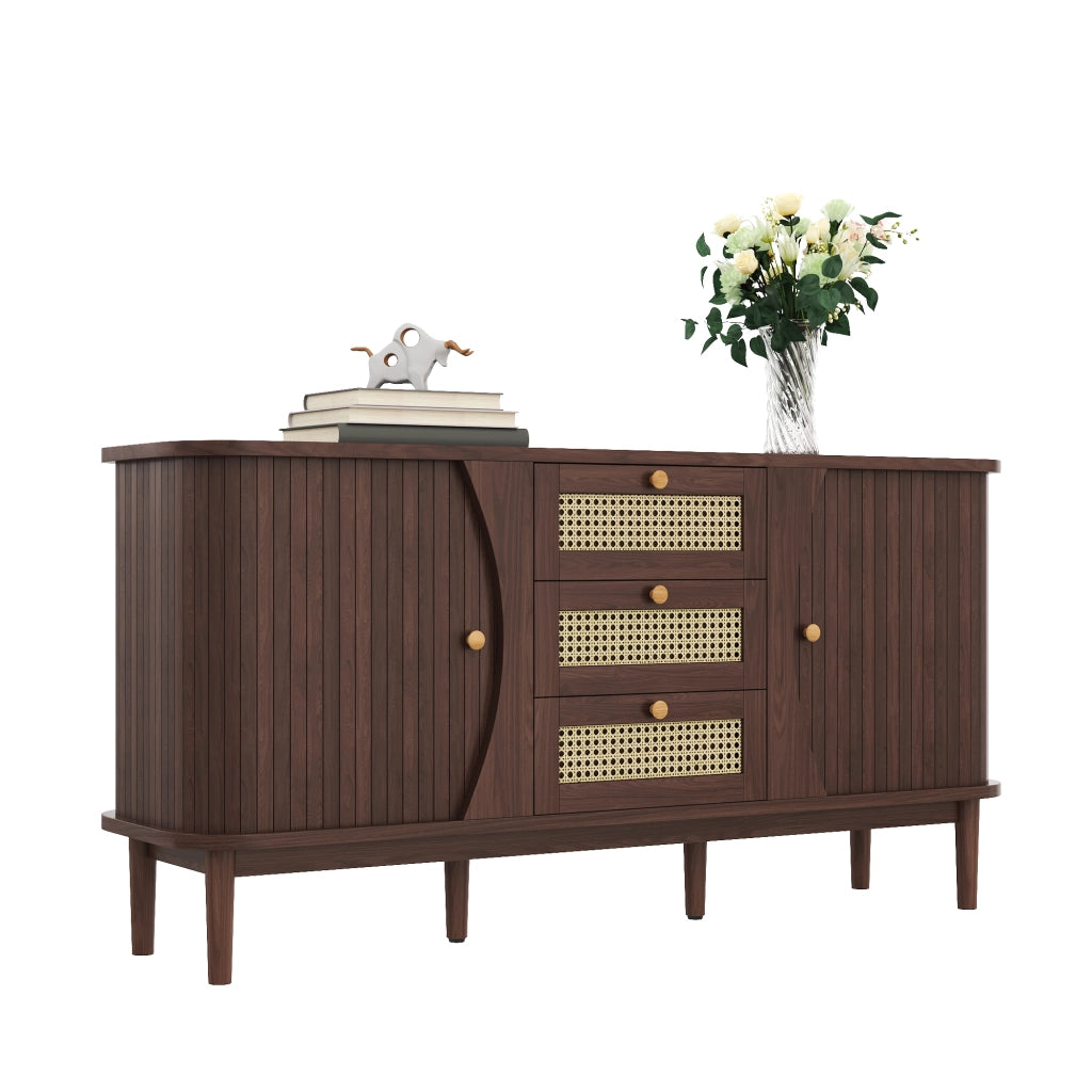 OKWISH Credenza con 3 Cassetti in Rattan e 2 Ante Scorrevoli, Ripiani Regolabili, per Soggiorno, Pannello Truciolare, Naturale