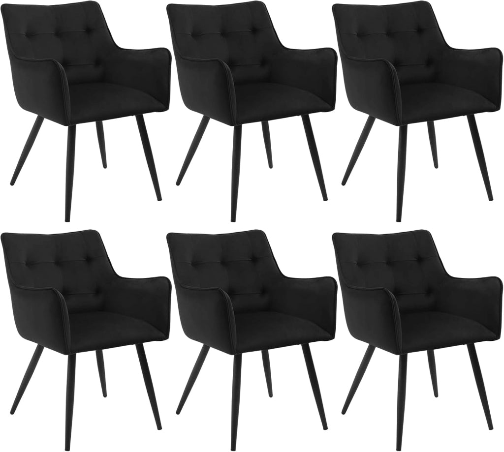 Set di 6 Sedie da Pranzo Moderne, Sedie da Cucina con Schienale e Braccioli, Poltroncine Imbottite con Gambe in Metallo, per Salotto, Ufficio e Cameretta, in Velluto, Nero, BH374sz-6