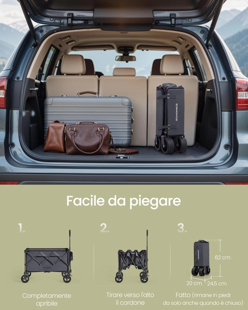 SONGMICS Carrello da Campeggio Pieghevole, Carretto, 150 L, Portante 150 kg, Carrello da Giardino, con Manico, 4 Ruote Rimovibili, Salvaspazio, per Esterni, Giardino, Grigio Ardesia GFW115G01