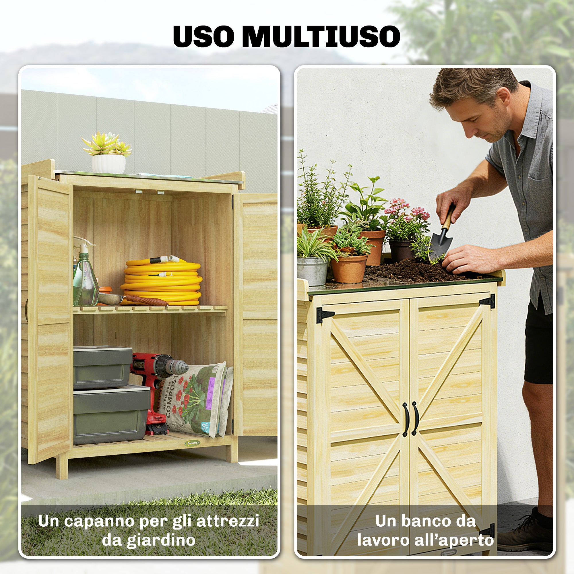 Armadio da Giardino 71.5x39x95 cm con Piano in Acciaio Ripiani e Ganci in Legno