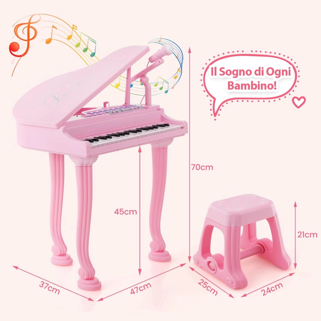 Pianoforte Elettronico per Bambini a 37 Tasti con Microfono e Sgabello, Tastiera Digitale Pianoforte a Coda Giocattolo Multifunzionale Portatile, Funzione di Registrazione e Riproduzione ,Rosa