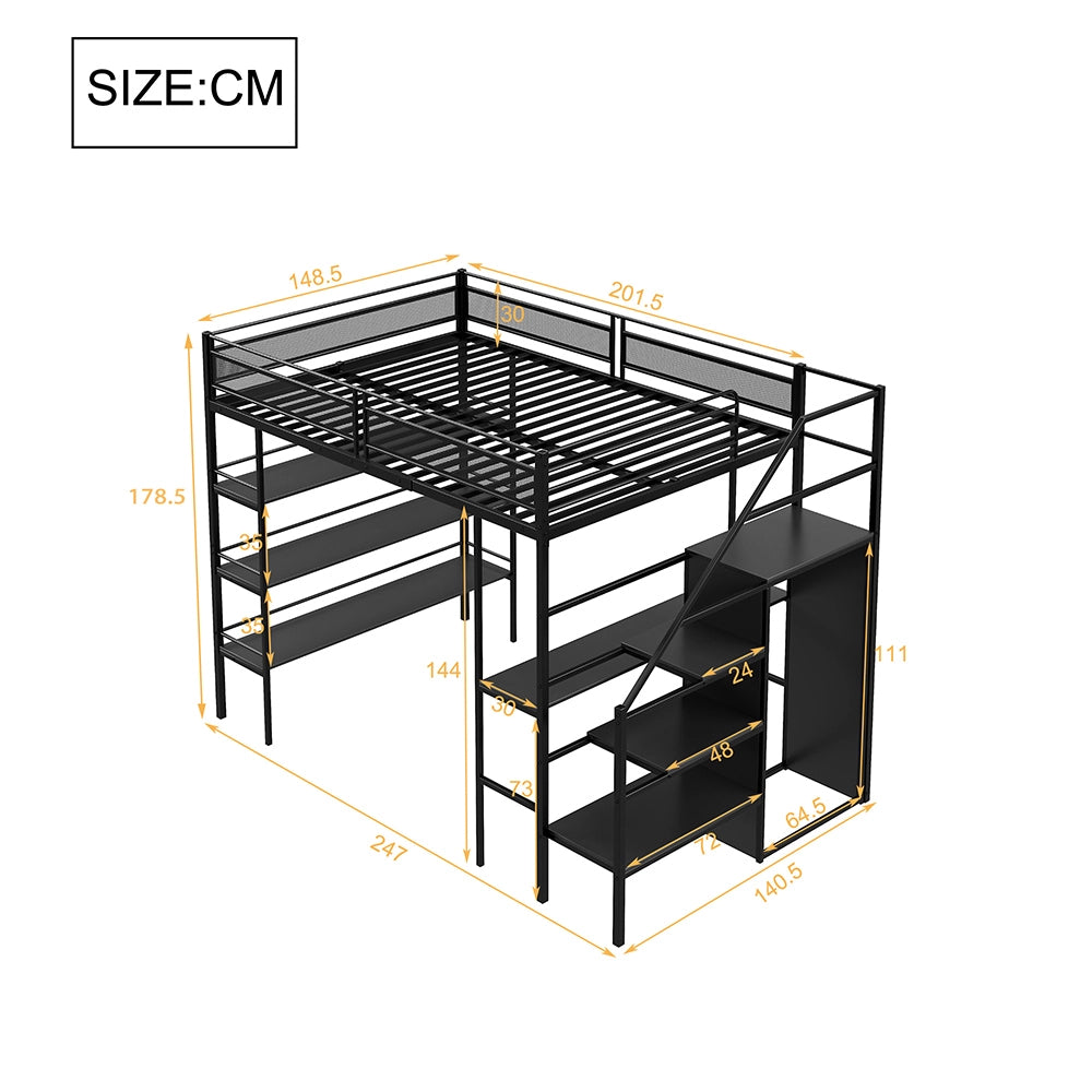 Letto a soppalco 140x200 - Xylo - 3 ripiani scrivania armadio - Nero