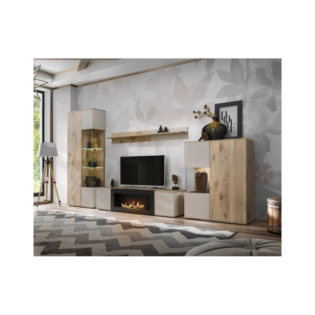 Mobile TV ERINA con camino bio-etanolo integrato – Rovere chiaro e beige – 160 cm