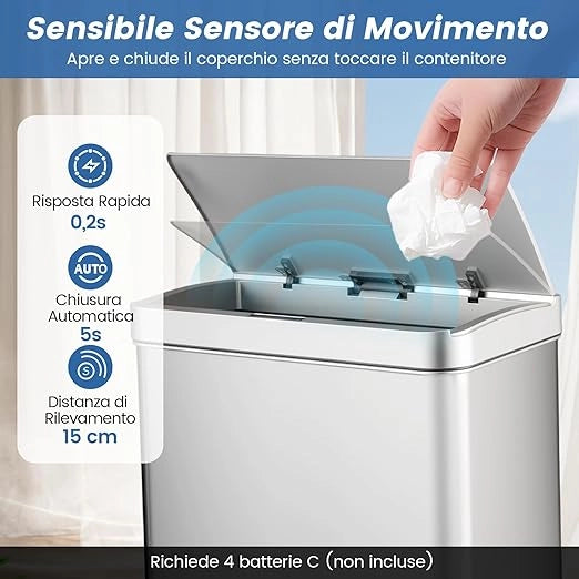 56L Pattumiera in Acciaio Inossidabile, Cestino della Spazzatura con Sensore di Movimento e 2 Contenitori Interni Rimovibili, Coperchio a Chiusura Lenta per Cucina Soggiorno Ufficio (Argento)