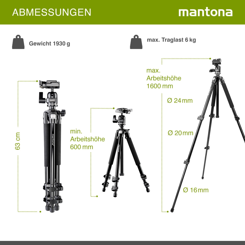 Mantona Basic Scout Max Treppiede fotografico, treppiede per fotocamera con altezza di lavoro fino a 160 cm, testa a sfera, treppiede compatto e leggero per fotocamera 19870 nero