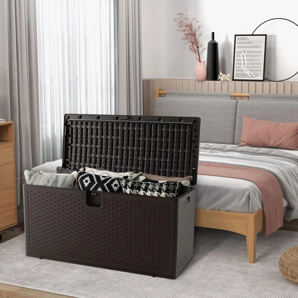 Cassapanca Per Esterni in Metallo e PE Rattan, Contenitore Impermeabile da 378 litri, con chiusura a chiave, 127 x 56 x 64 cm, Marrone
