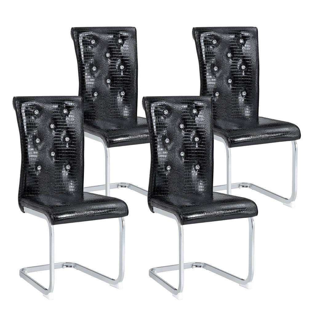 Sedia da pranzo in PVC effetto coccodrillo nera con struttura in metallo cromato e dettagli cristallo