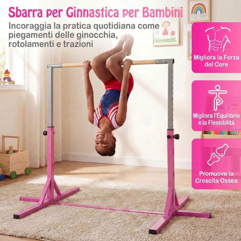 Sbarra per Ginnastica e Danza per Bambini e Bambine, Barra Ginnastica in Metallo e bambù Portatile e Regolabile in Altezza con Cuscinetti Antiscivolo, 195 x 121 x 85-145 cm