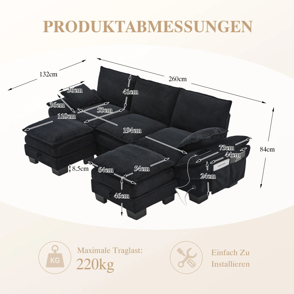 Divano modulare 3 posti con pouf, porta USB-C e tasche laterali, in velluto a coste nero 260 × 132 × 84 cm