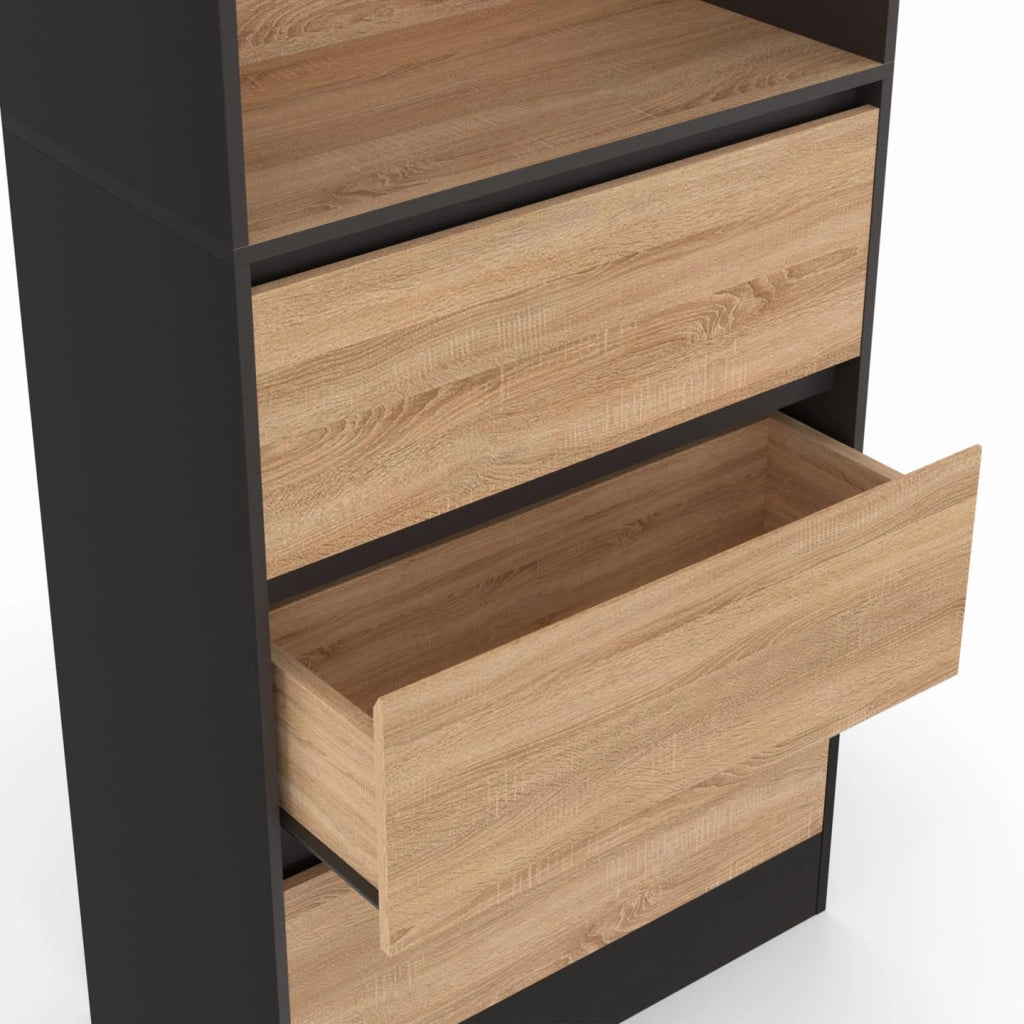 CARLA Libreria a 3 livelli con 3 cassetti neri ed effetto legno H.190 cm