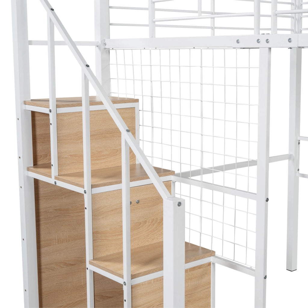 LETTO A CASTELLO 140x200 cm con scala, metallo bianco, per ragazzi e bambini