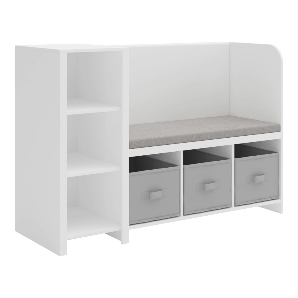 Scaffale per Cameretta Høylandet con Panca Scomparti e Scatole 76 x 112 x 40 cm - Bianco / Grigio [en.casa]