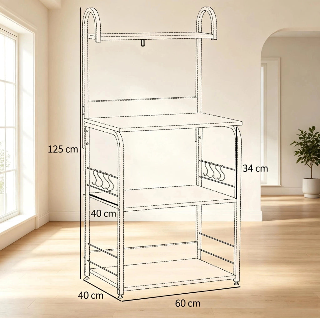 Scaffale da cucina a 4 livelli con ganci, nero e legno naturale