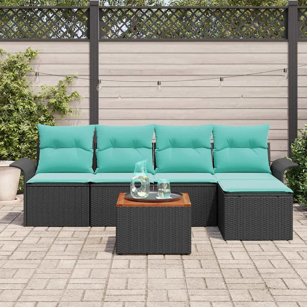 Set Divano da Giardino 6 pcs Nero e Turchese polyrattan