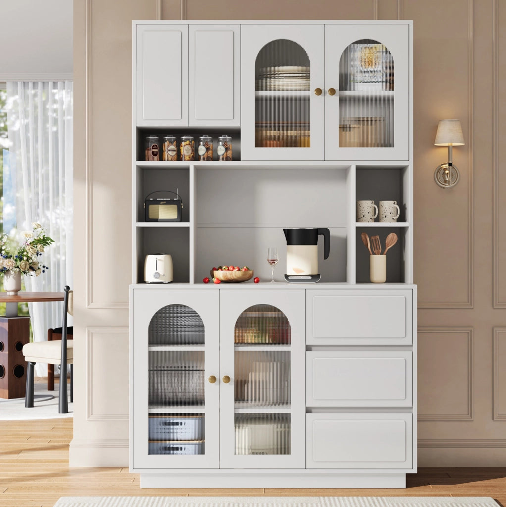 Credenza alta bianca con LED APP, ante acriliche e 3 cassetti