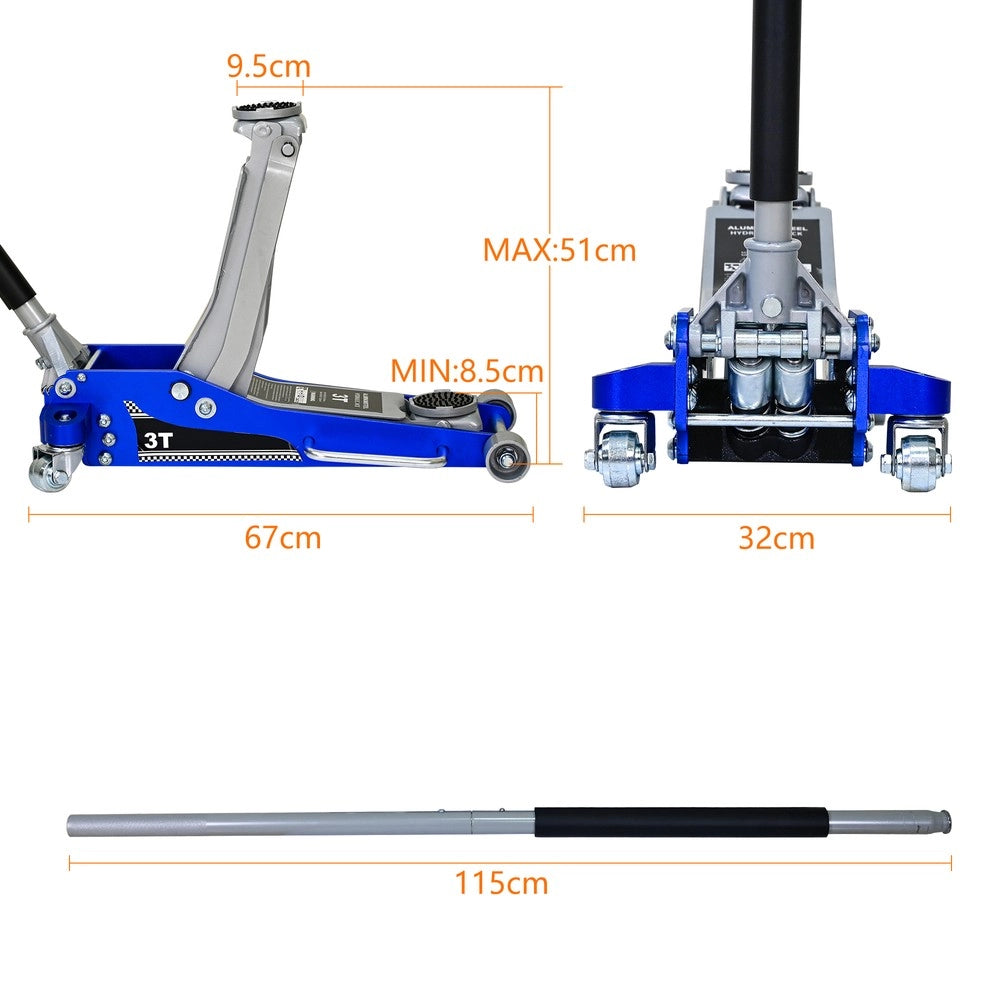Cric Idraulico a Carrello 3 Ton ¨C MINIMAL ¨C Alluminio/Acciaio, Blu/Argento, per SUV e Fuoristrada