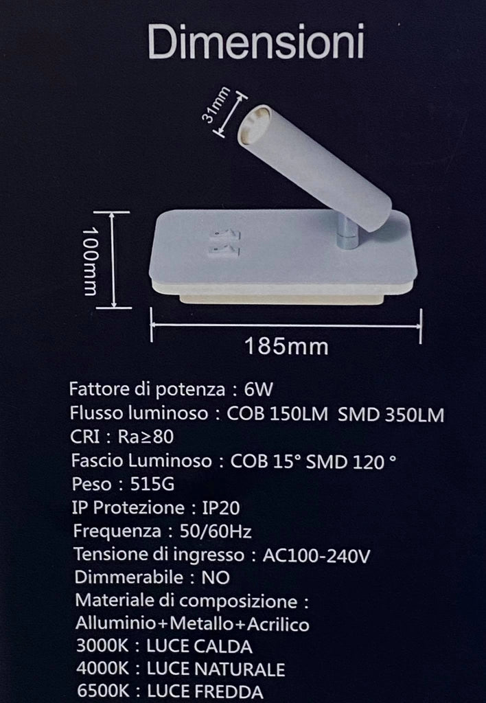 Lampada con doppio led da lettura da parete muro Applique da 6W orientabile per casa hotel b&b con luce bianca fredda 6500K