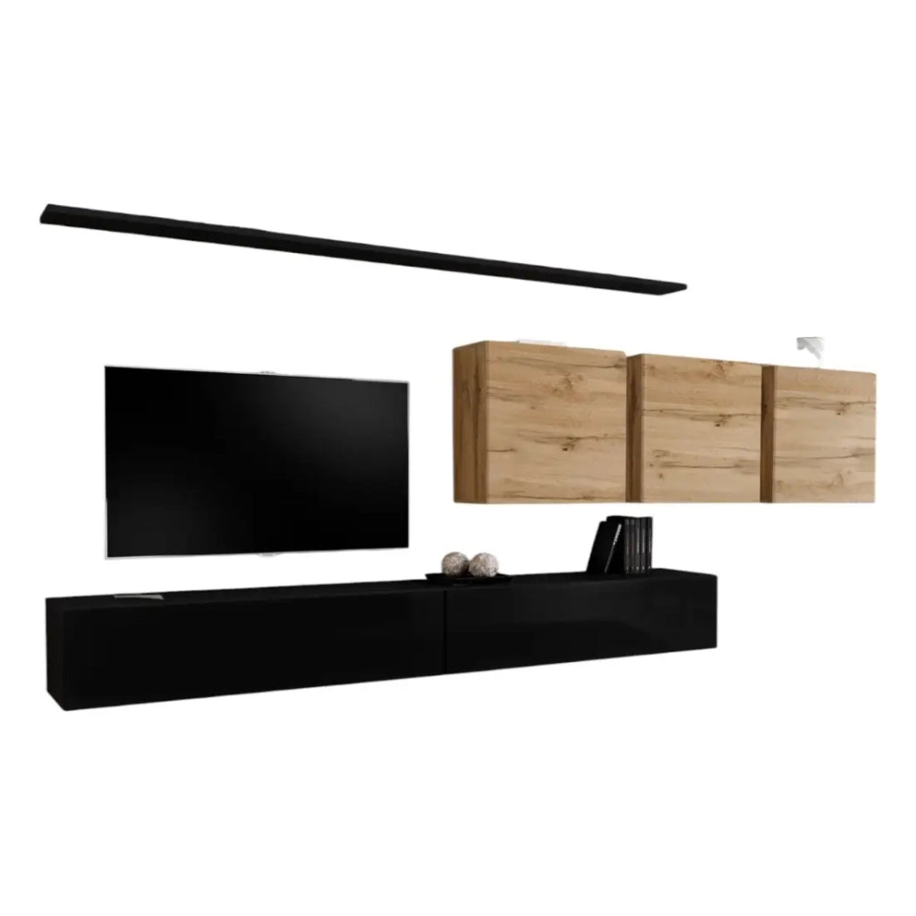 Set di mobili da soggiorno SWITCH VII design, colore nero lucido e rovere Wotan.