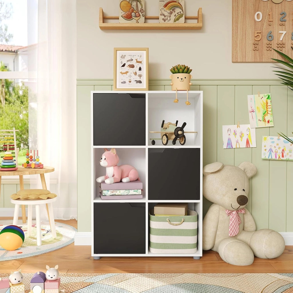 Libreria Armadio a 6 Cubi con Ante Mensola di Legno Portadocumenti Scaffale per Casa e Ufficio Porta Libri CD, Bianco+ Nero, SK001wsz