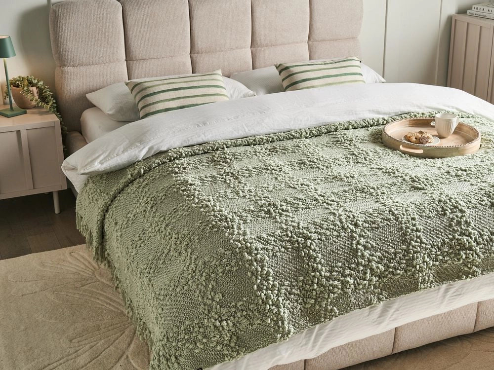 Coperta di cotone intrecciata con nappe verde 200 x 220 cm morbida classica
