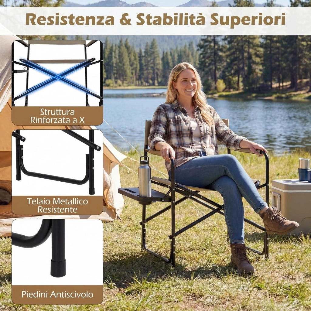 Sedia da Regista Campeggio Pieghevole, con Portabicchieri | Poltrona Ergonomica Salvaspazio, Struttura in Metallo, Terrazzo Giardino Campeggio Mare Spiaggia, Portata 160 kg