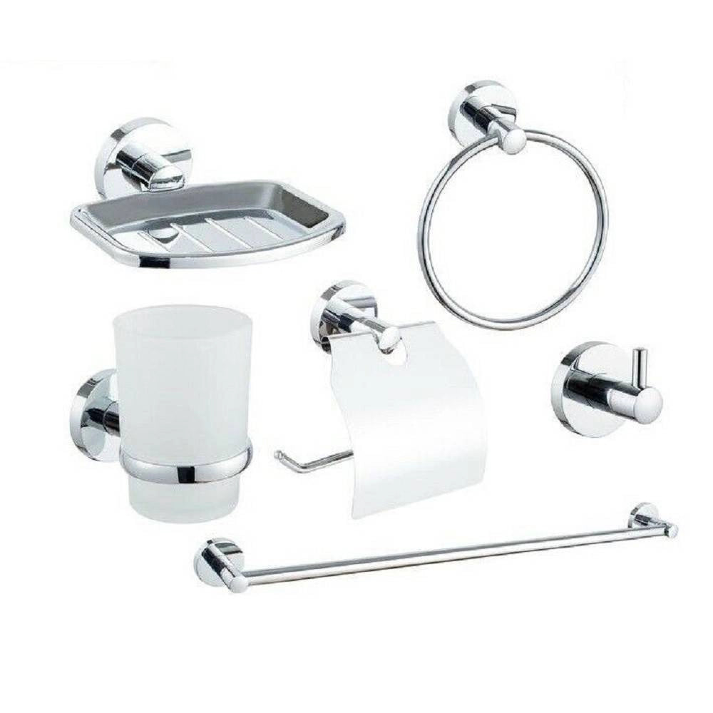Trade Shop - Set Bagno 6accessori Cromato Porta Asciugamano Rotolo Bicchiere Spazzolino 59682 -