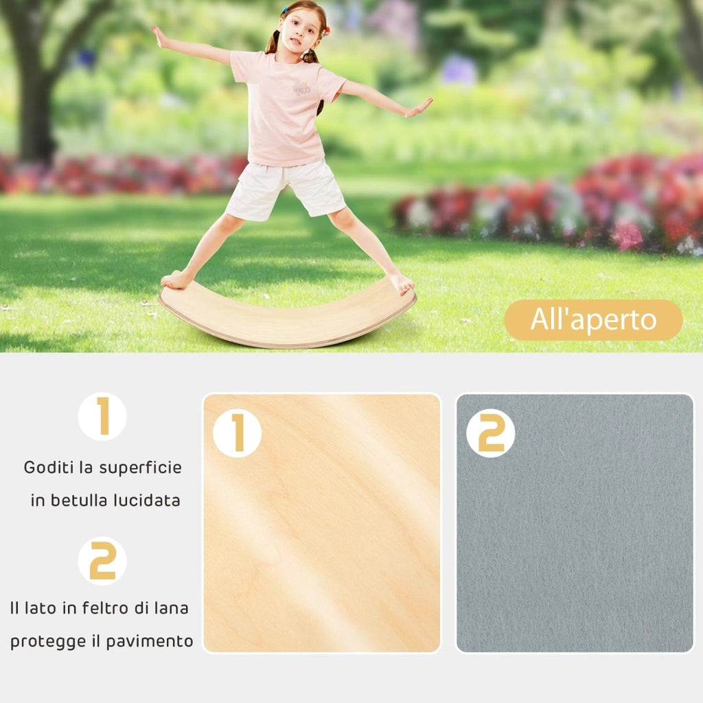 Balance Board Curva per Bambini, Tavola di Equilibrio per Bambini in Legno con Feltro Antiscivolo, Portata Massima 220 kg (90 x 30 x 19 cm)