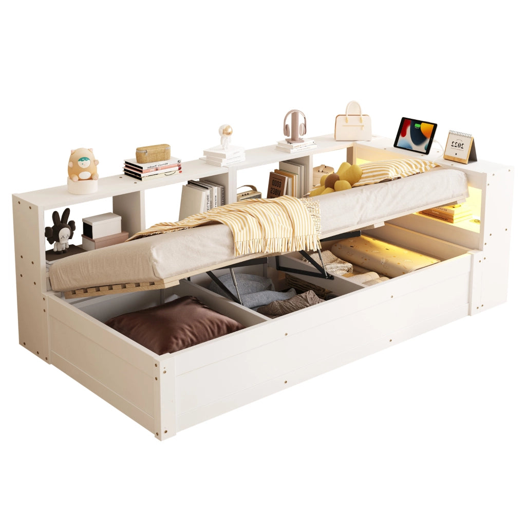 Letto multifunzione 90x200 cm in MDF bianco con presa integrata; luci LED e contenitore