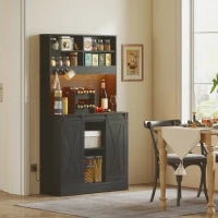 Credenza da Cucina Alta Stile Rustico con 2 Armadietti, Portabottiglie, Prese di Ricarica e Luci LED, Nero