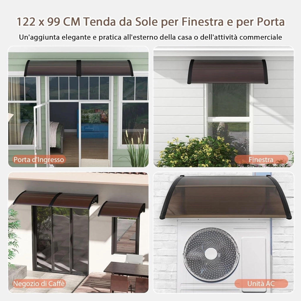 Tettoia per Porta Finestra, Pensilina Tettoia per Porta in Policarbonato, per Protezione da Sole, Pioggia, Neve, per Balcone, Finestre e Porte (122 x 99 x 28 cm,Marrone)