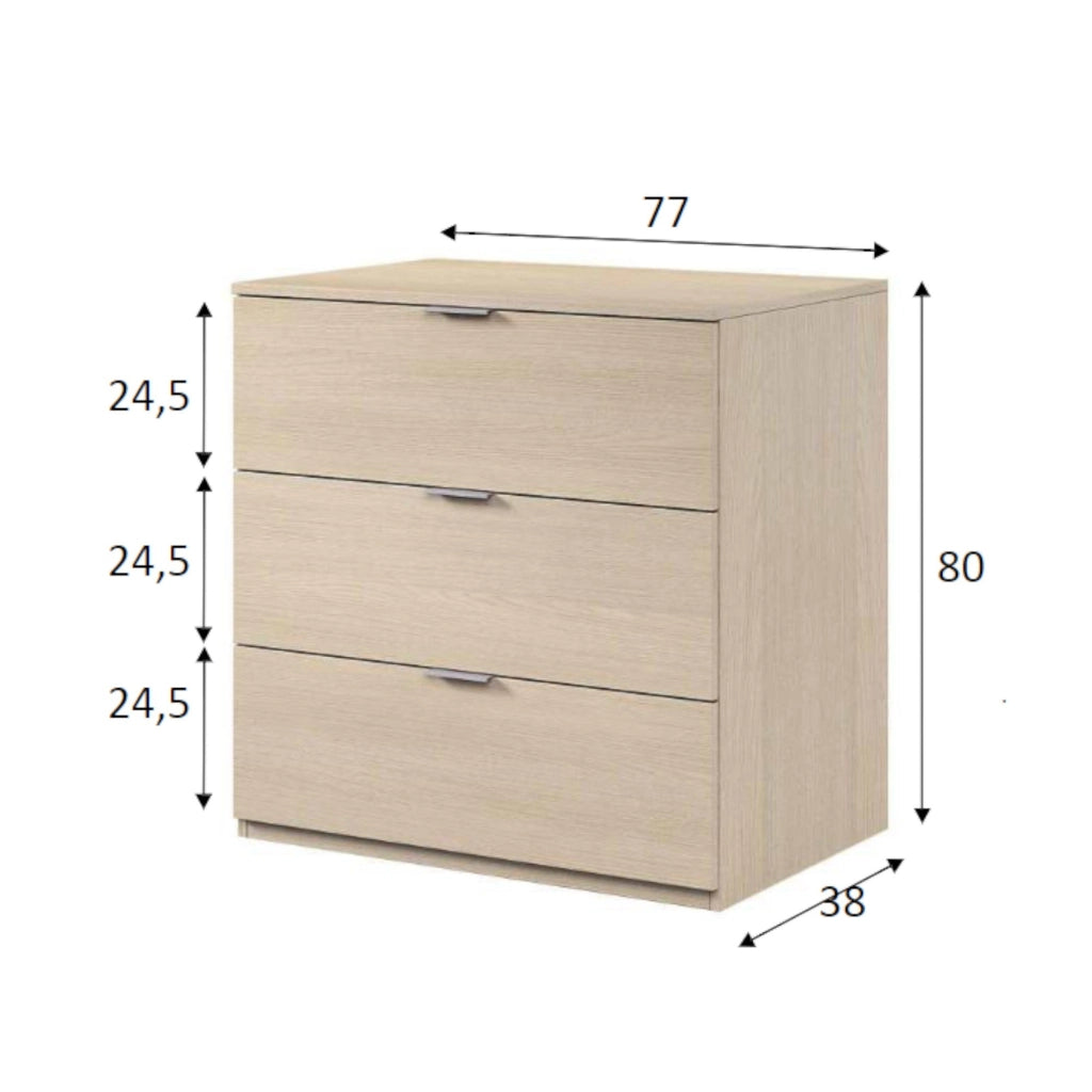 Cassettiera Rea, Settimanale moderna a 3 cassetti, Mobile ComÒ² basso per camera da letto, Mobile Settimanale, cm 77x38h80, Rovere