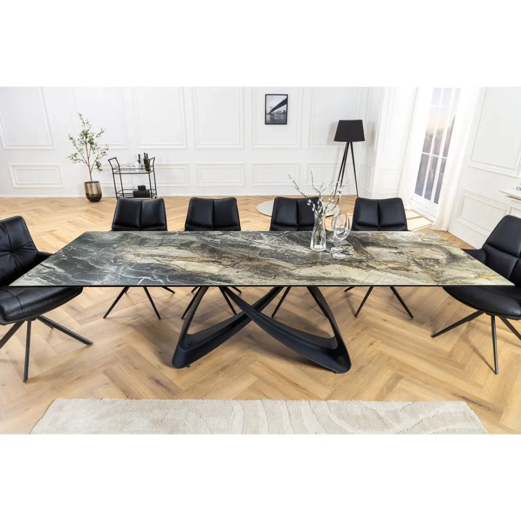 Tavolo da pranzo ZAREL – Estensibile da 180 a 260 cm – Ceramica e vetro temperato – Effetto marmo grigio talpa
