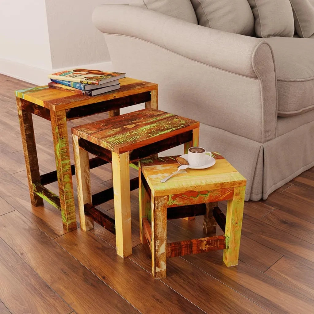 Tavolini Impilabili Set 3 pz | Tavolo laterale in Legno Vintage di Recupero
