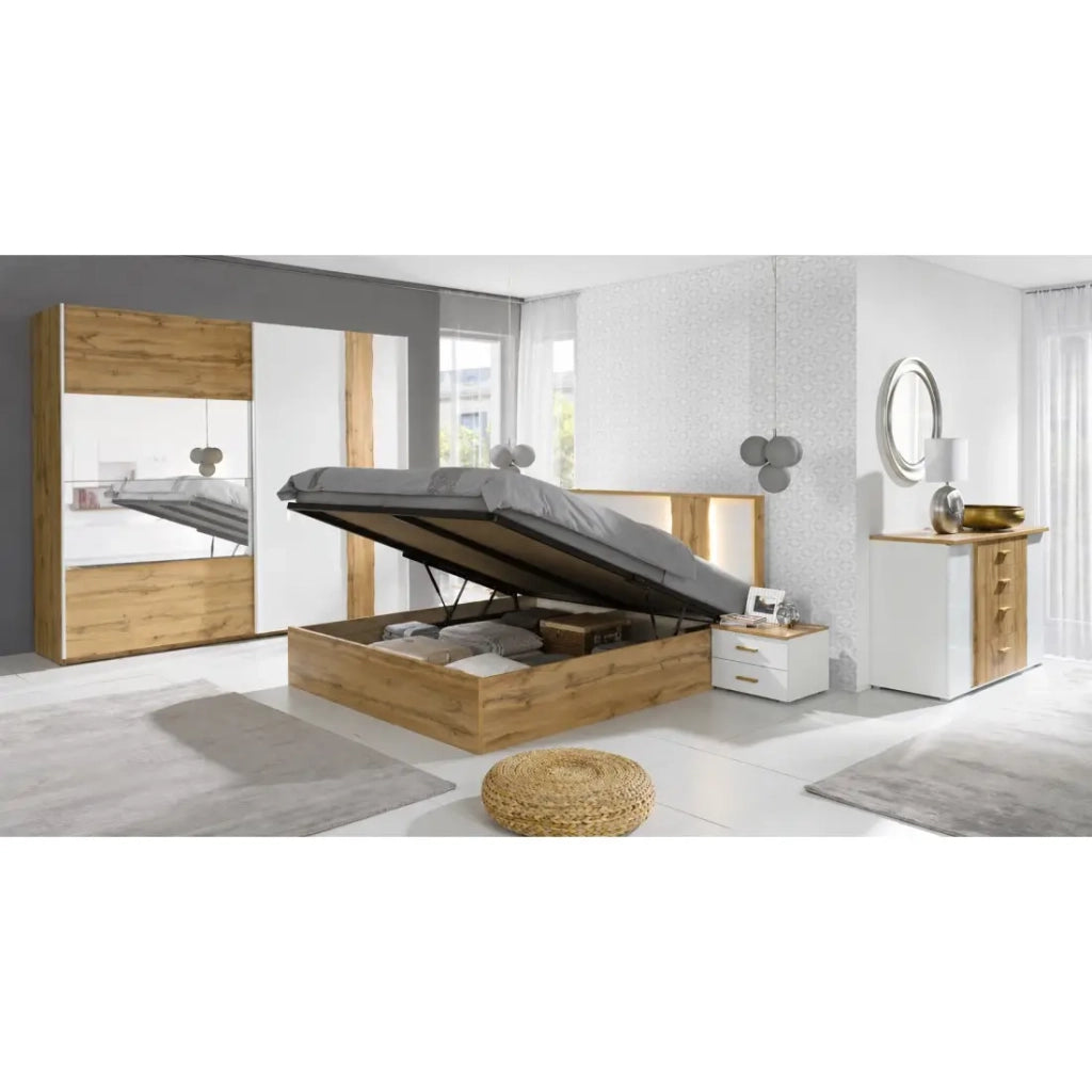 Pack letto contenitore WOOD 180 x 200 cm con 2 comodini – Bianco e quercia – Set camera da letto moderna