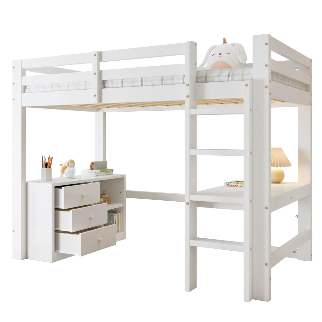 Letto a castello bianco con scrivania cassetti e scaffale in legno di pino e MDF 90x200 cm