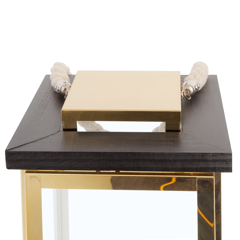 Lanterna in Legno Nero e Metallo dorato H 41 cm Portacandele a Colonna con Manico in Corda