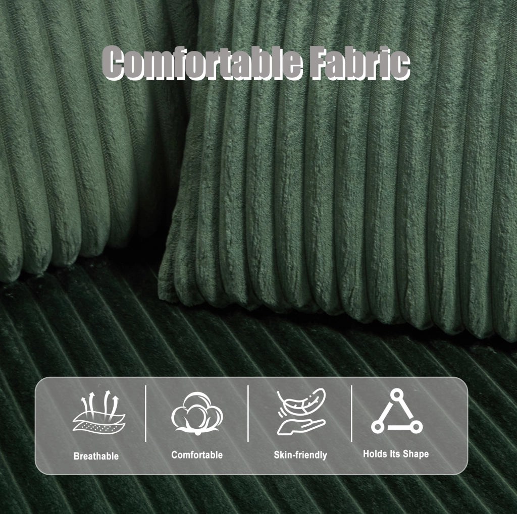Divano modulare ULEVR con chaise longue e 2 posti, 5 cuscini, portabevande e tasche laterali, velluto a coste verde smeraldo