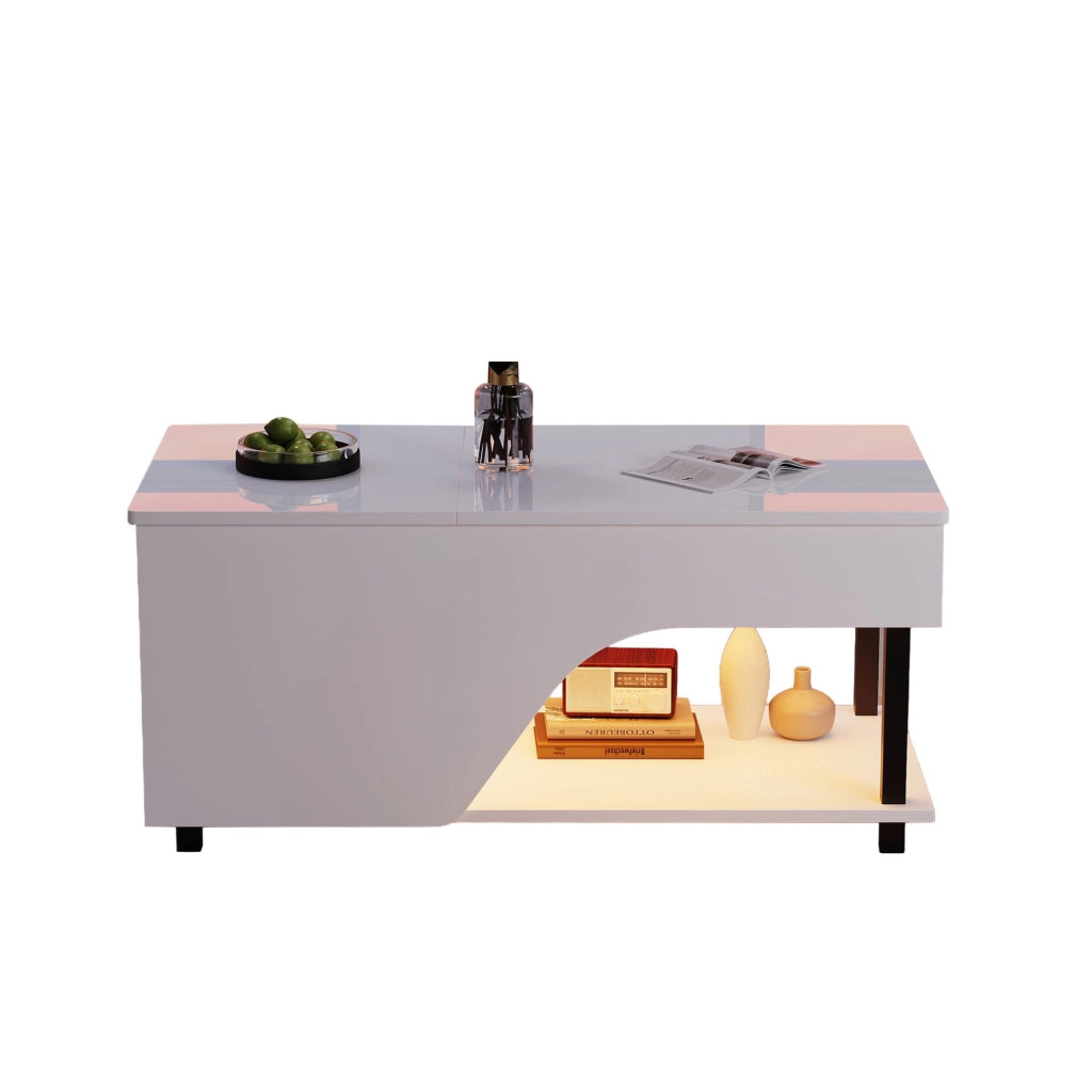 Tavolino da salotto sollevabile 50 x 100 x 46 cm in truciolare bianco con LED e vano contenitore