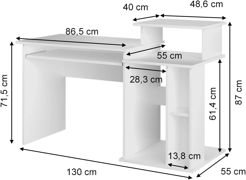 Scrivania con ripiani Jan, Bianco, 130 x 55 cm, con sovrastruttura e ripiano estraibile per tastiera