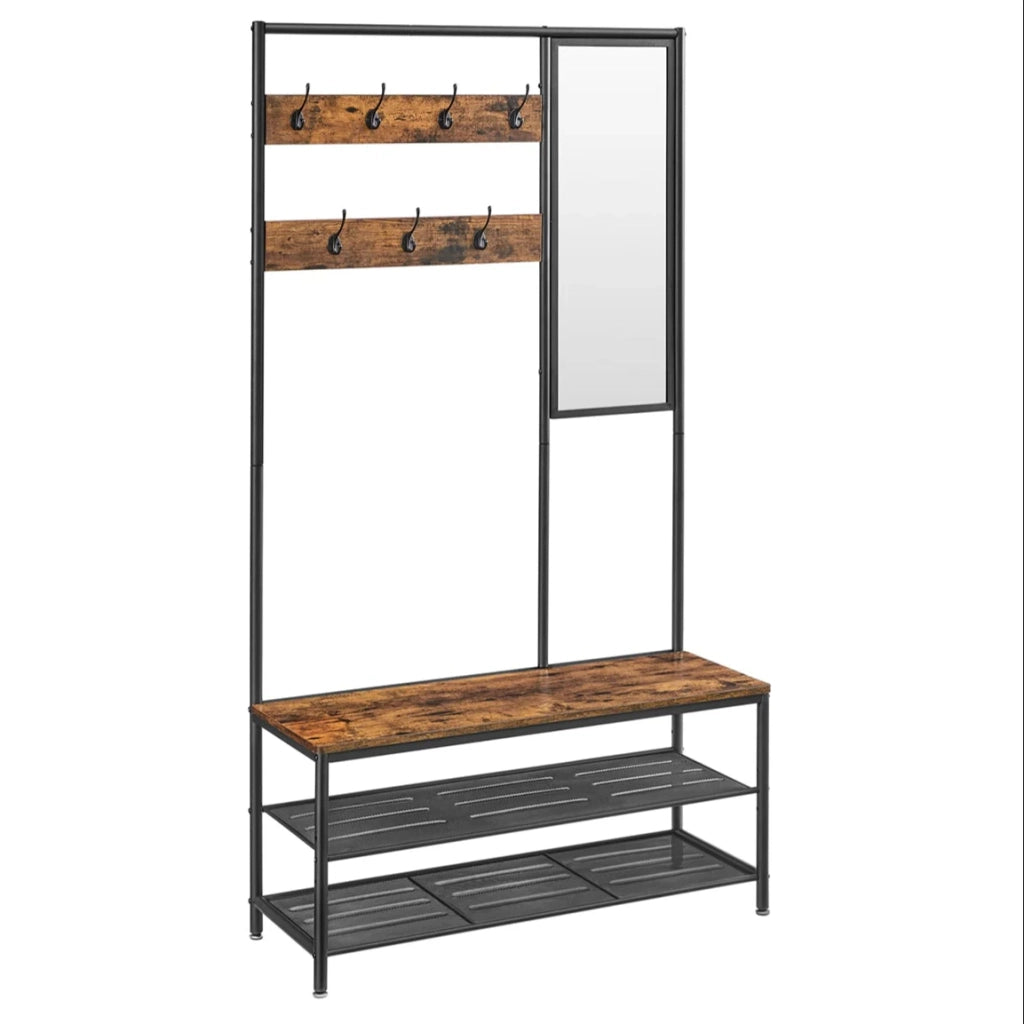 Mobile da ingresso con ganci specchio panca e scarpiera appendiabiti guardaroba 35 x 98 x 180 cm corridoio camera da letto soggiorno stile industriale marrone 12_0006388