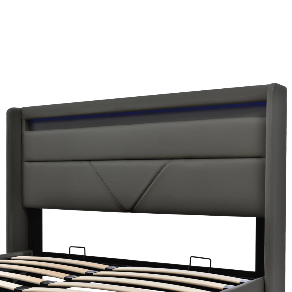 Letto contenitore 140x200 cm; con LED e sollevamento idraulico; PU grigio (Senza materasso)