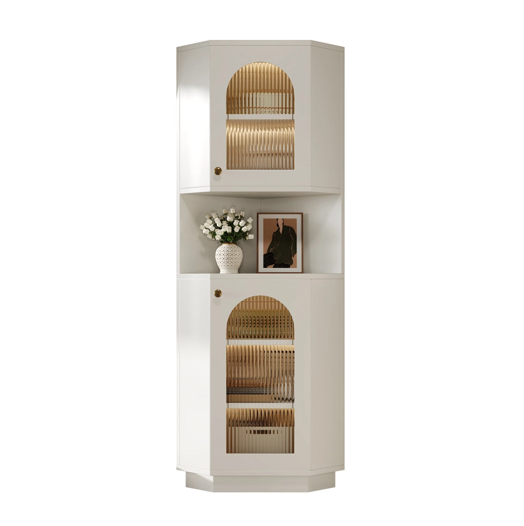 Mobile ad angolo per bagno bianco in MDF, con luce interna e ripiani