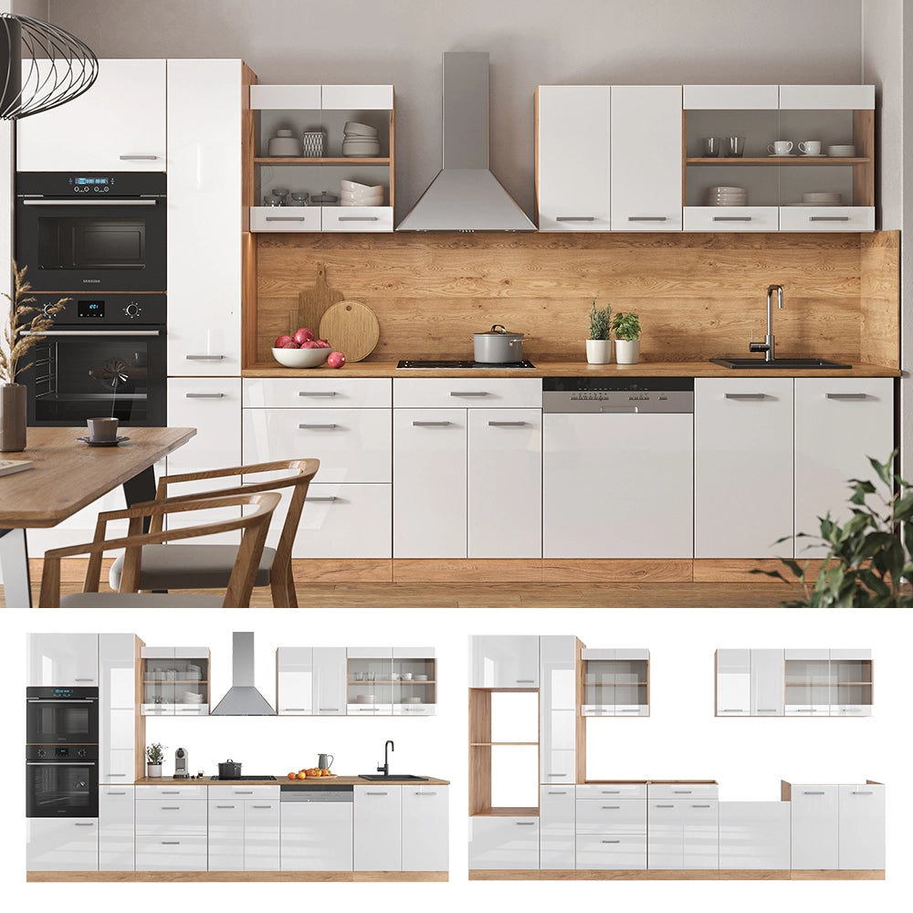 Vicco Cucina componibile Bianco lucido/oro power oak 350 cm con armadio alto, PL Marmo