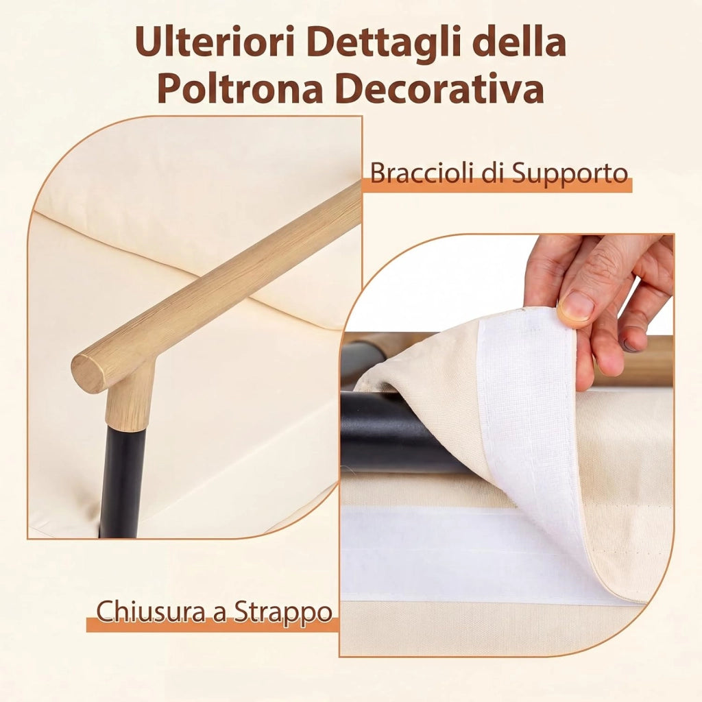 Poltrona Salotto Imbottita, Sedia da Lettura, Relax, Poltroncina con Braccioli, Schienale e Cuscini, per Soggiorno, Camera da Letto, Sala Attesa, Moderno e Comodo, 67 X 73 X 88 CM (Beige)