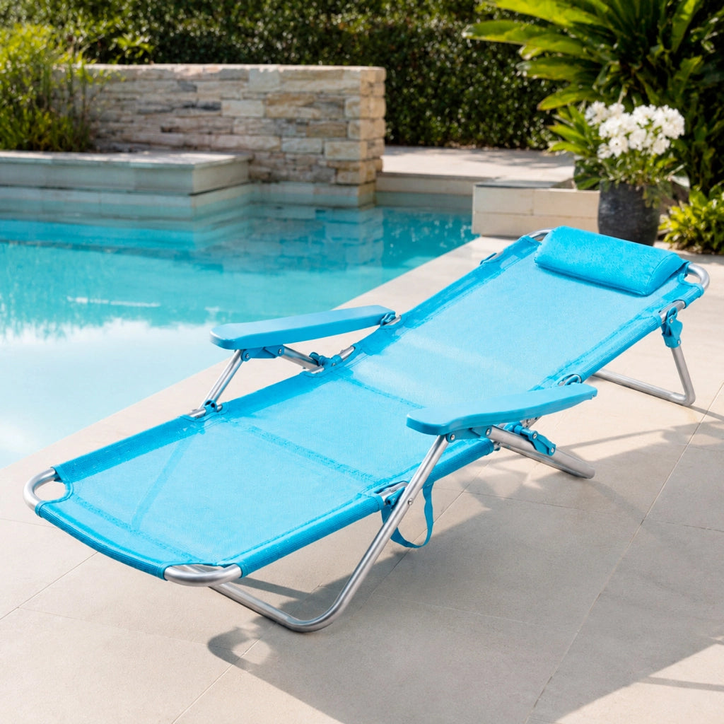 Spiaggina Reclinabile Da Mare Con Poggiatesta Imbottito Sedia Pieghevole Trasformabile In Lettino Per Campeggio Spiaggia Relax Outdoor 53 x 62 x 77 Cm Azzurro