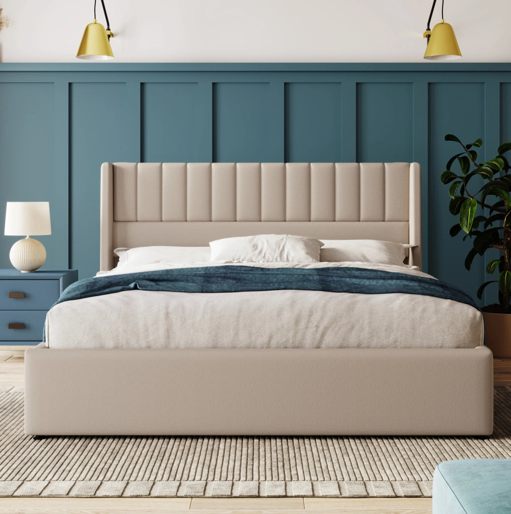 Letto contenitore imbottito 140x200 cm sollevabile in legno beige (Senza materasso)
